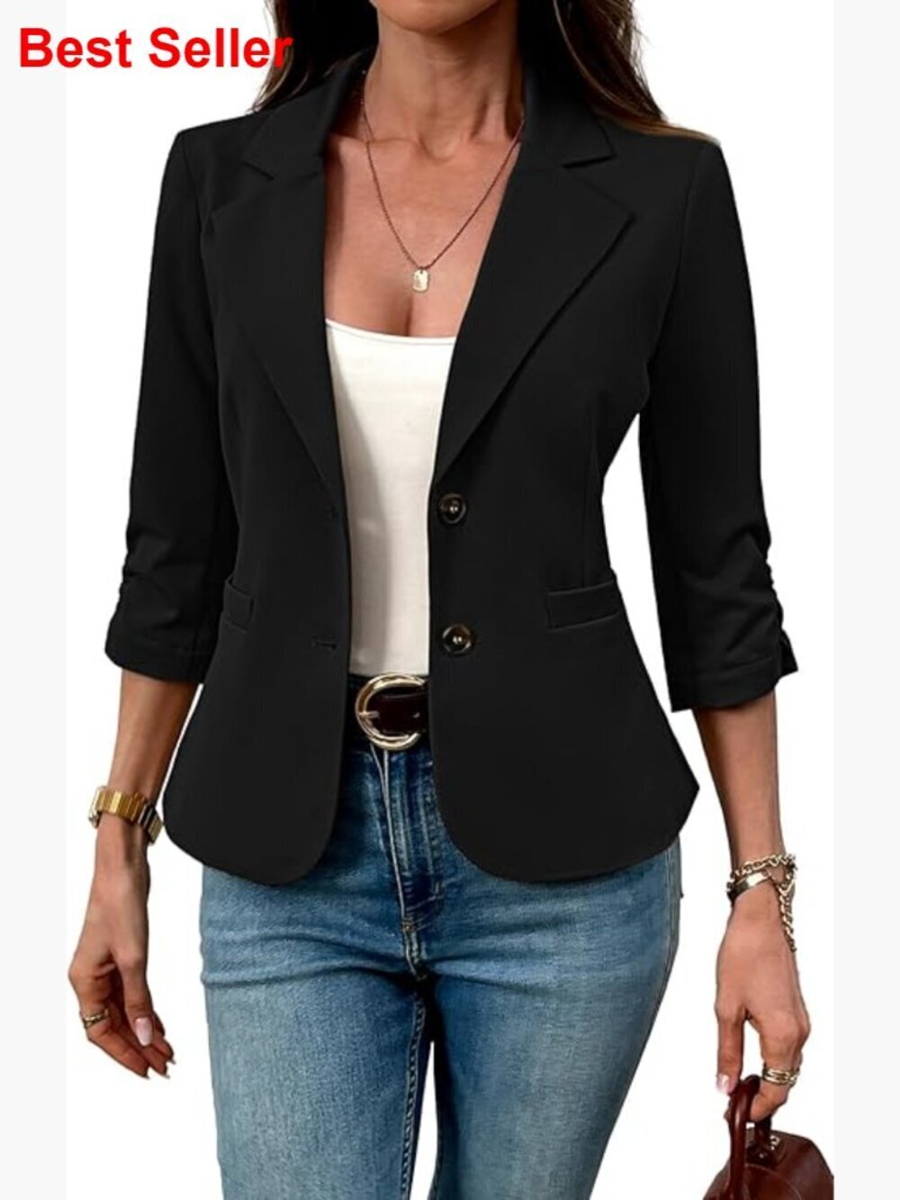 Stretch Knit Blazer with 3/4 Sleeves for Business Casual Wear